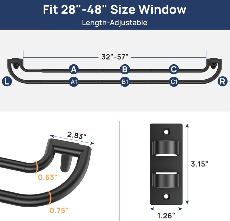 ENJOYBASICS Double Curtain Rod，Blackout Wrap-Around Curtain Rods for Windows 28 to 48 Inch，Adjustable from 32 to 57 Inch for Room Darkening Curtains, Matte Black - Image 2